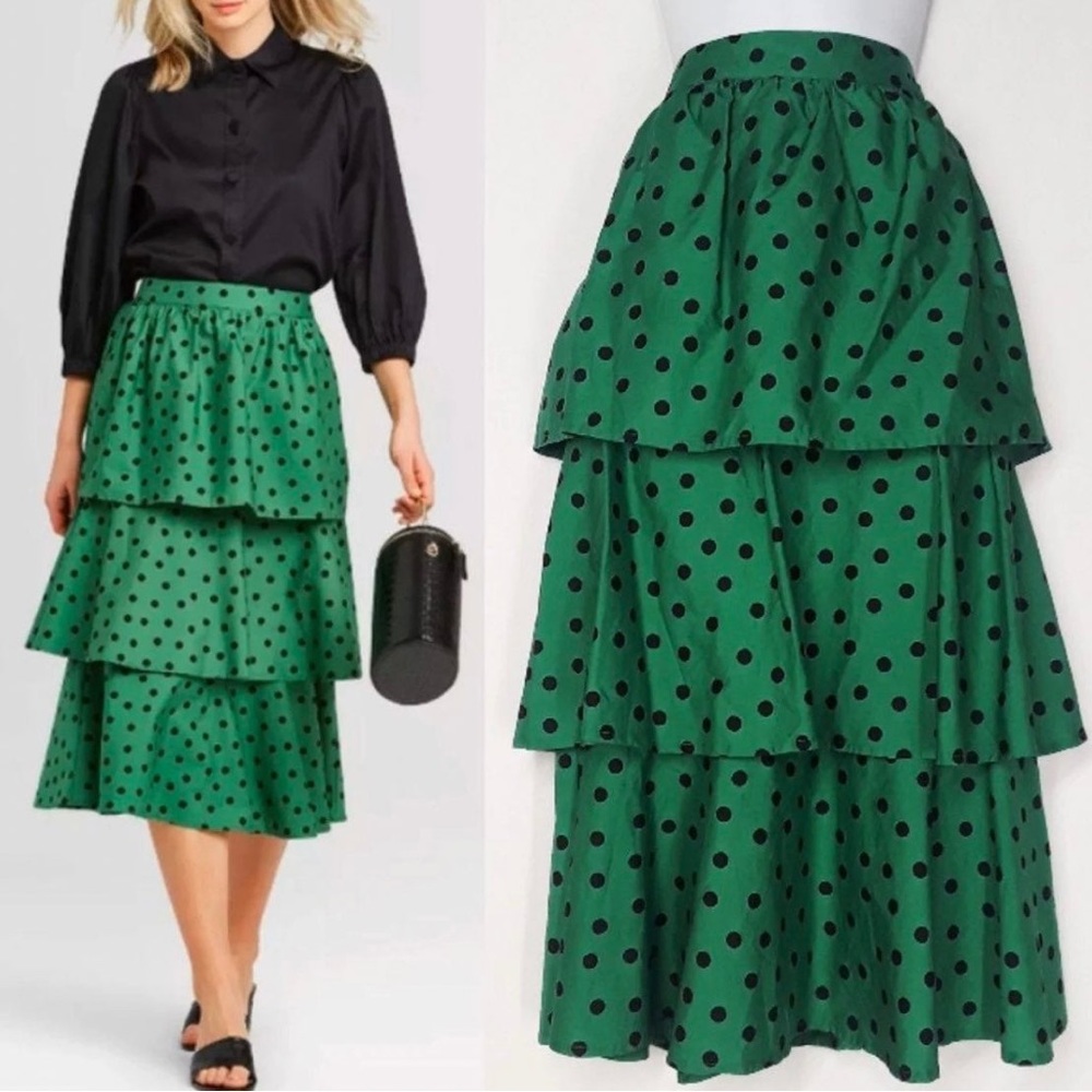 Who What Wear Tiered Green and Black Midi Skirt
